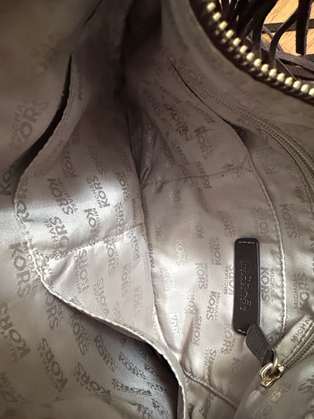 Michael Kors Dark Brown Suede Fringe Shoulder Bag with Logo Charm - Picture 7 of 7